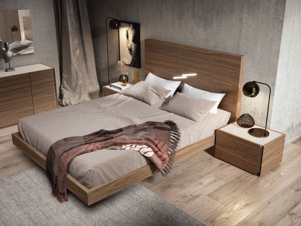 Modern walnut finish profile bed in minimalistic style by J&M