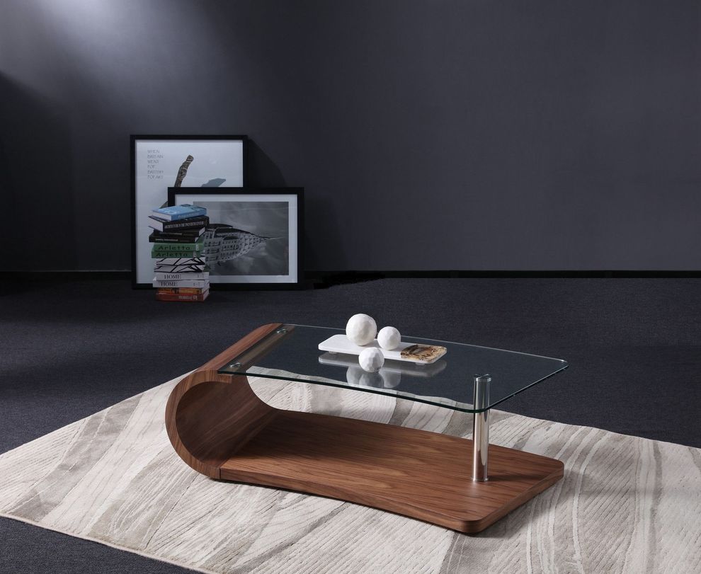 Walnut modern curvy base/glass top coffee table by J&M