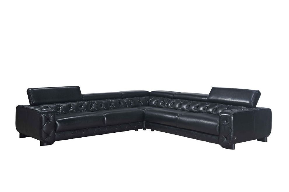 Premium black Italian leather tufted sectional sofa by J&M