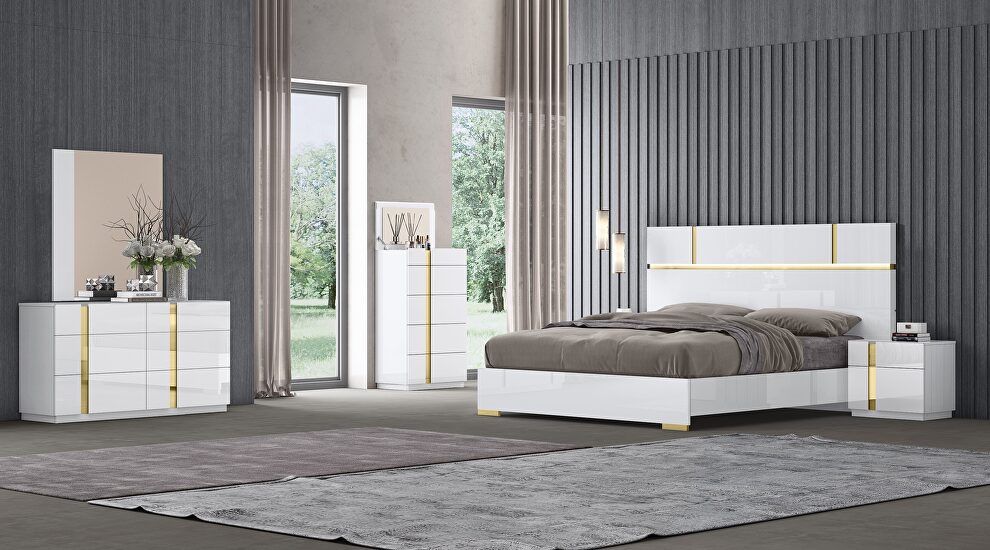 White / gold contemporary glossy queen bed by J&M