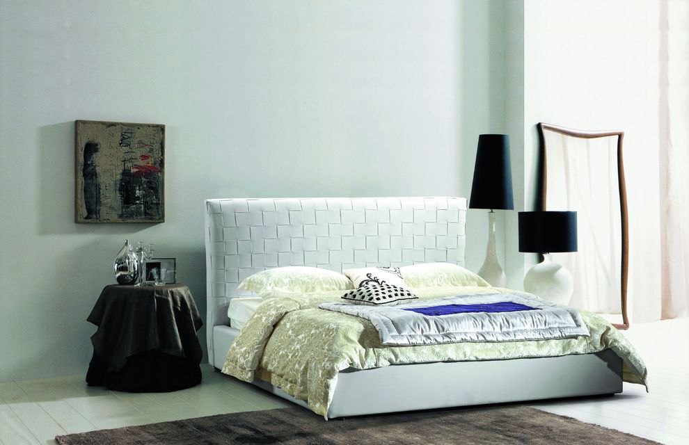 White leather high headboard platform bed by J&M