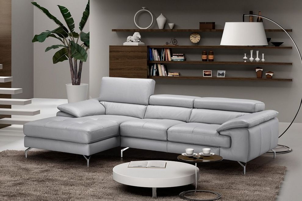 Elegant gray Italian leather modern sectional sofa by J&M