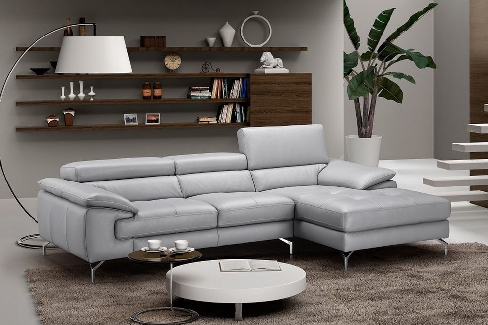 Elegant gray Italian leather modern sectional sofa by J&M