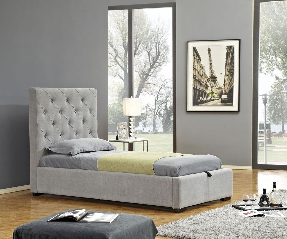 Gray fabric tufted headboard storage twin bed by J&M