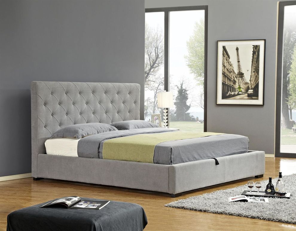 Gray fabric tufted headboard storage bed by J&M