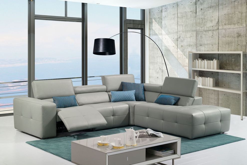 Modern low-profile sectional in gray leather by J&M