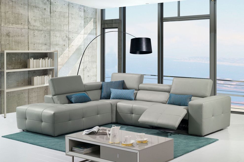 Modern low-profile sectional in gray leather by J&M
