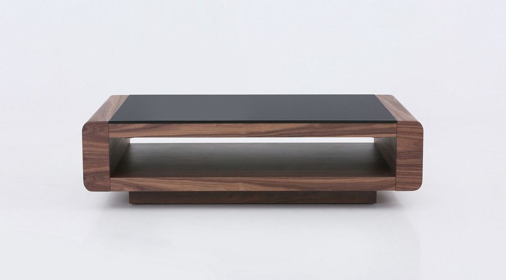 Dark walnut / black glass top modern coffee table by J&M
