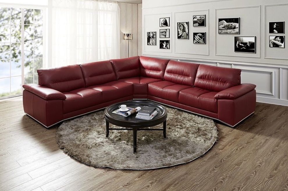 Large full red leather sectional sofa by J&M
