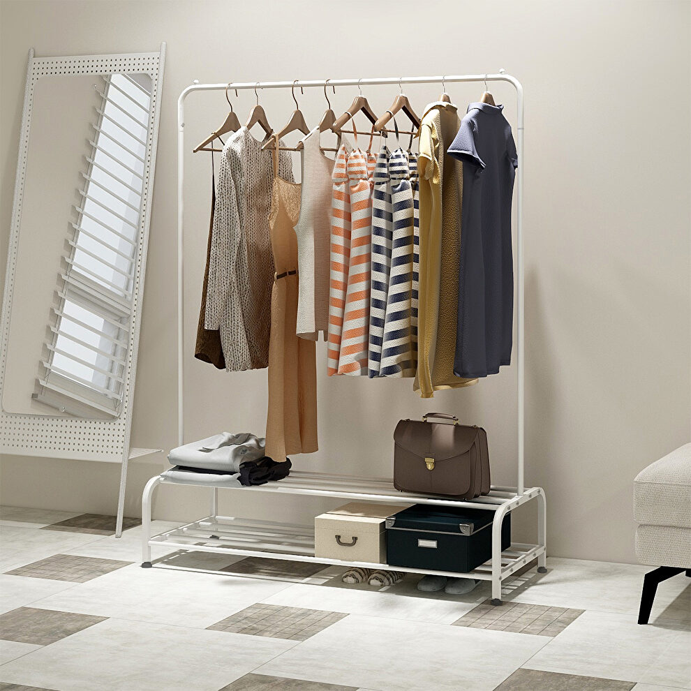 Clothing garment rack with shelves, white metal cloth hanger rack stand clothes by La Spezia
