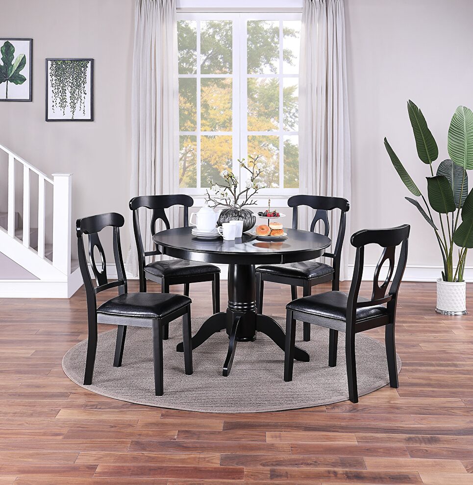 Black finish classic design 5pc set round dining table and 4 side chairs with cushion fabric upholstery seat by La Spezia