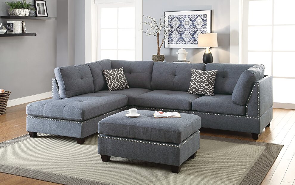Blue/ gray polyfiber reversible 3-pcs sectional sofa with ottoman by La Spezia