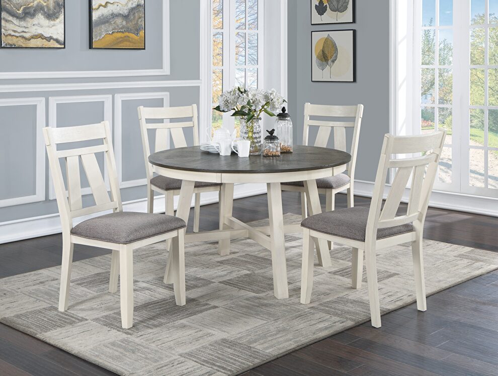 5-pc dining set: antique white wooden top round table and 4 side chairs in gray fabric by La Spezia