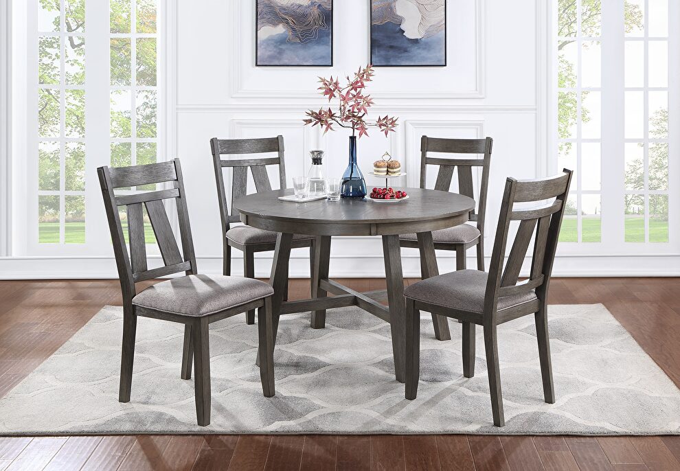 5-pc dining set: dark brown wooden top round table and 4 side chairs in gray fabric by La Spezia