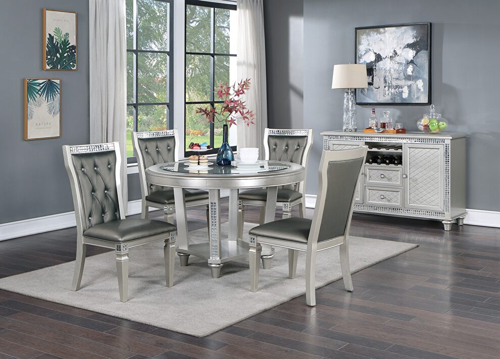 Metallic-like silver and crystal accents round glass top dining table and 4 chairs by La Spezia