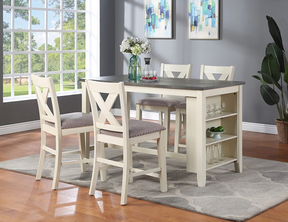 5pc counter height off-white/cream wooden dining table w/storage shelves and 4 high chairs by La Spezia
