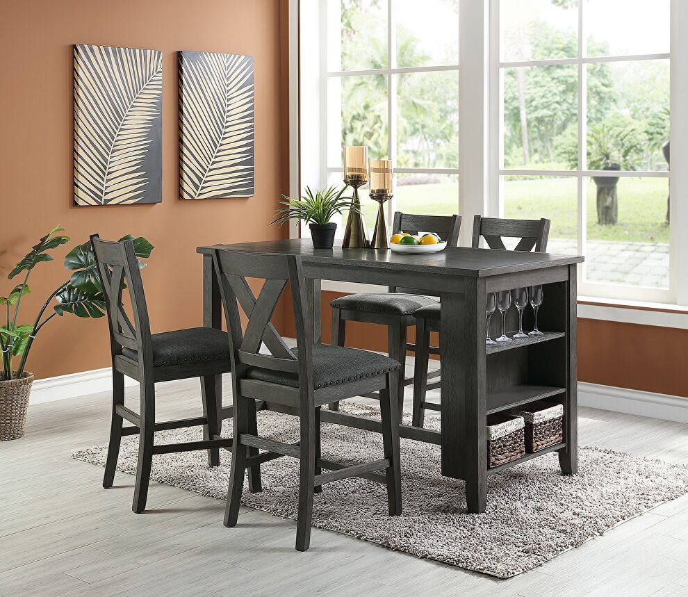 5pc counter height dark brown wooden dining table w/storage shelves and 4 high chairs by La Spezia