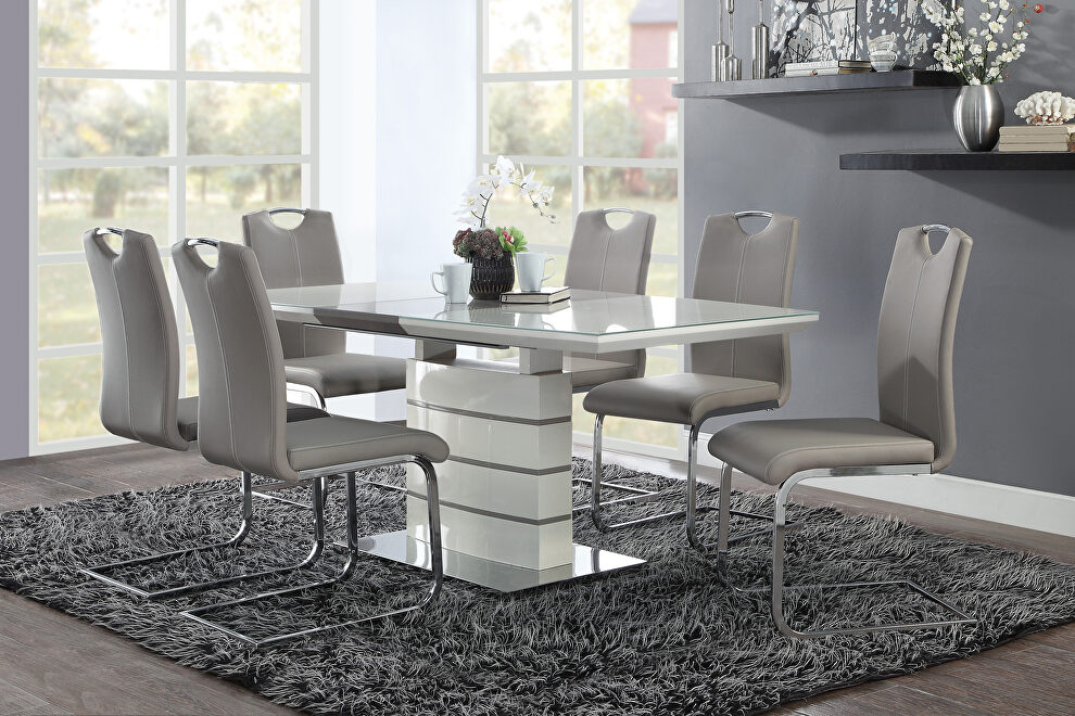 Gray/ white modern sleek design 7-pc dining set table with selfstoring leaf and 6 metal frame chairs by La Spezia