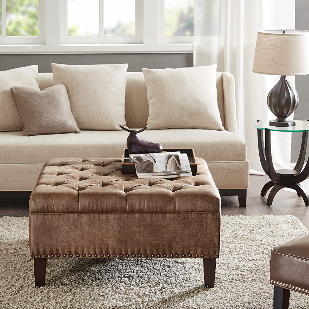 Brown fabric upholstery tufted square cocktail ottoman by La Spezia