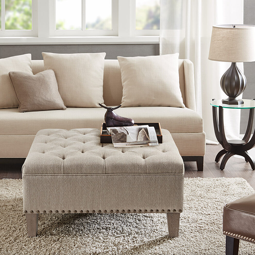 Taupe fabric upholstery tufted square cocktail ottoman by La Spezia