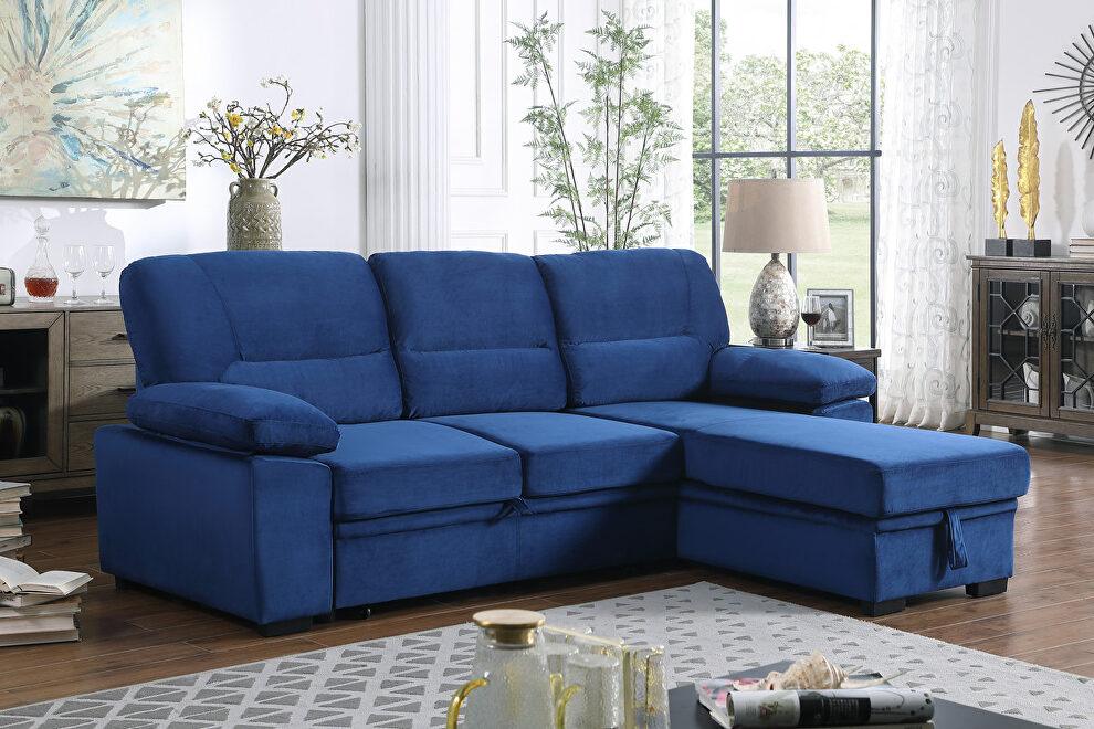 Blue velvet fabric sleeper sectional sofa w/ reversible storage chaise by La Spezia