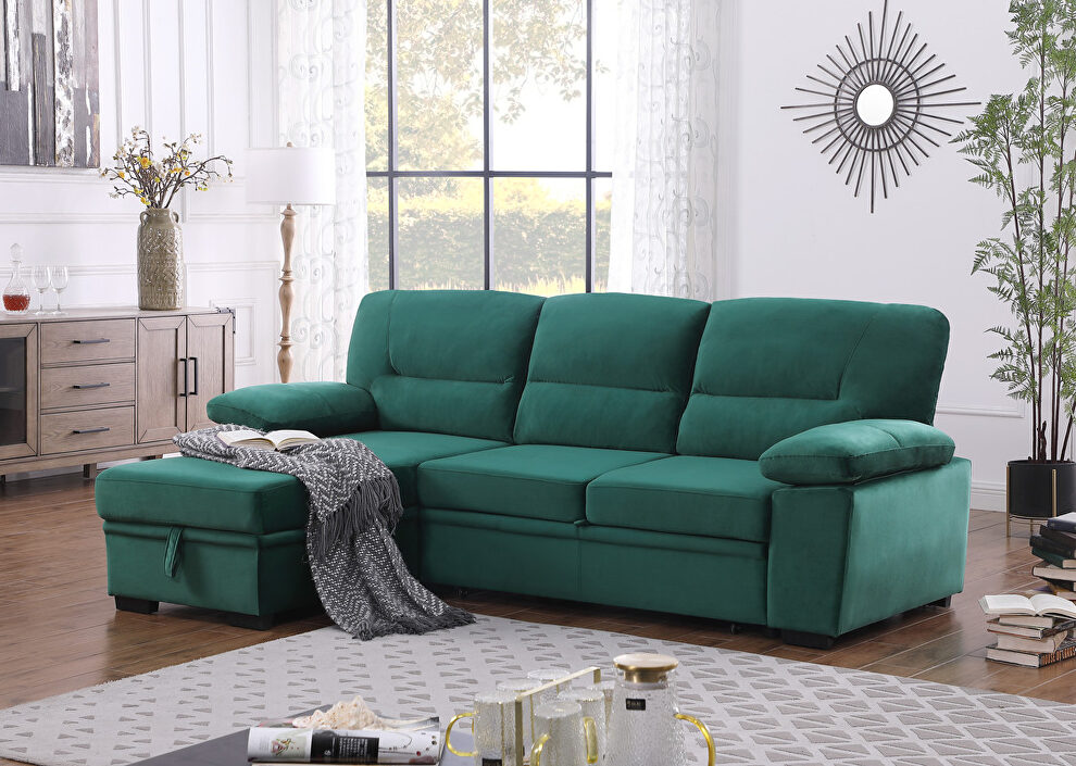 Green velvet fabric sleeper sectional sofa w/ reversible storage chaise by La Spezia