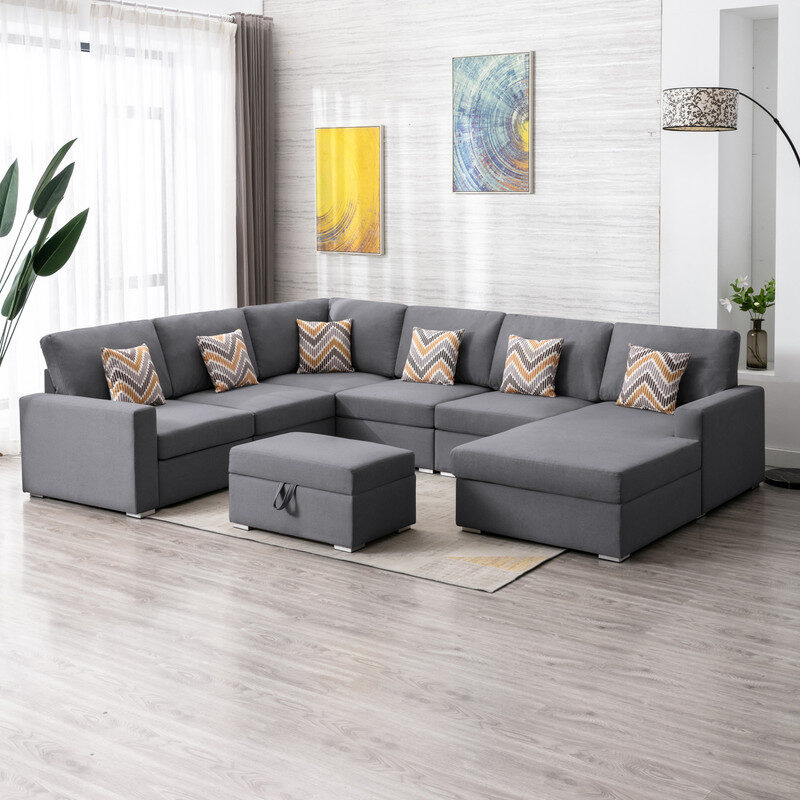 Gray linen fabric 7pc reversible chaise sectional sofa with interchangeable legs and storage ottoman by La Spezia