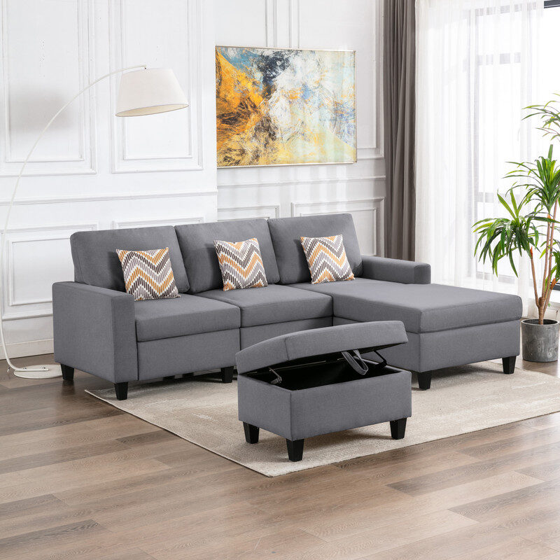Gray linen fabric 4pc reversible sofa chaise with interchangeable legs storage ottoman and pillows by La Spezia