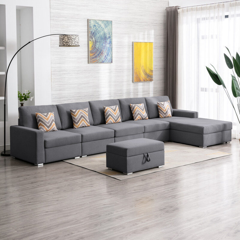 Gray linen fabric 6pc reversible sectional sofa chaise with interchangeable legs and storage ottoman by La Spezia