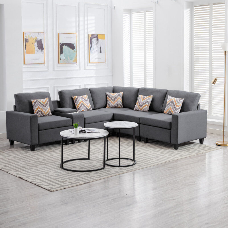 Gray linen fabric 6pc reversible sectional sofa with usb charging ports cupholders and storage console table by La Spezia