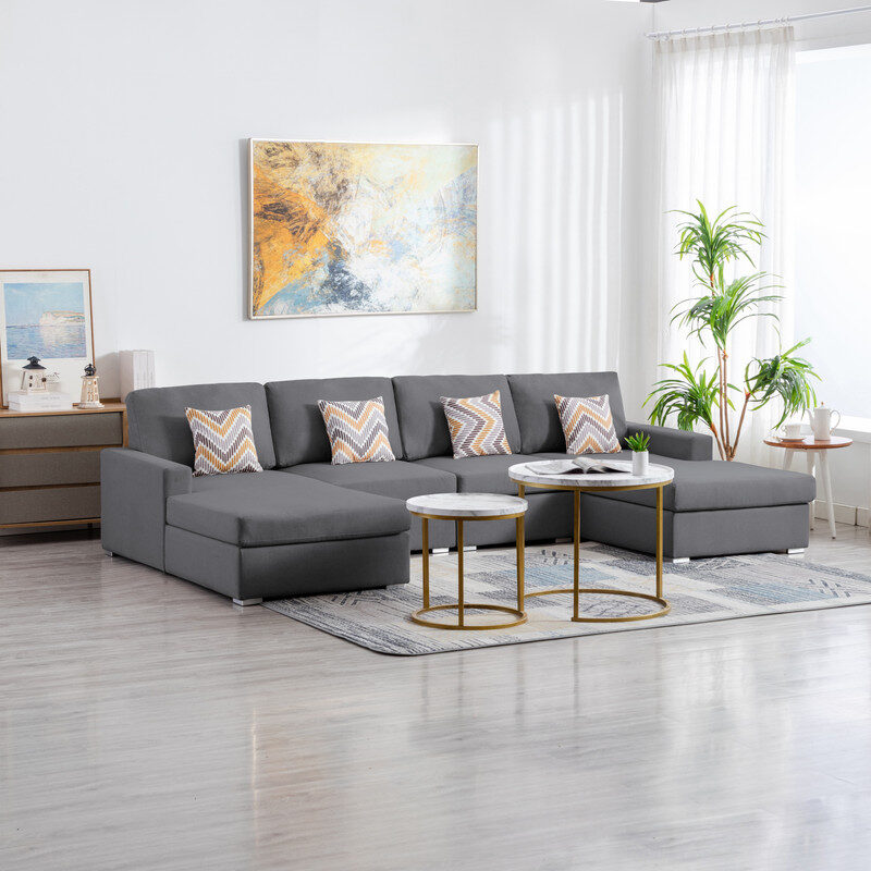 Gray linen fabric 4pc double chaise sectional sofa with pillows and interchangeable legs by La Spezia
