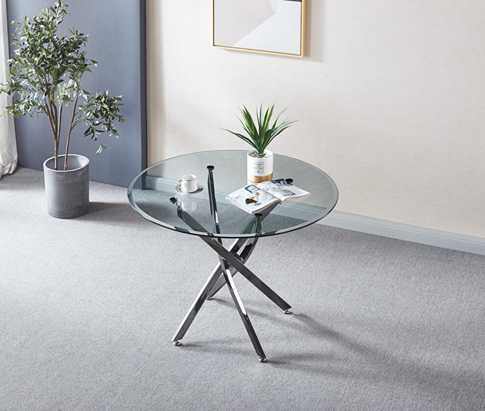 Contemporary round clear dining tempered glass table with chrome legs in black by La Spezia