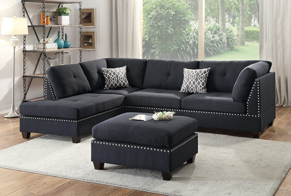 Black polyfiber reversible 3-pcs sectional sofa with ottoman by La Spezia