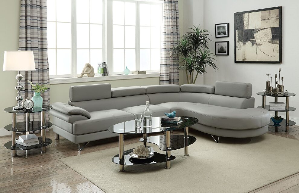 Gray faux leather sectional sofa 2pc set with flip up headrest by La Spezia