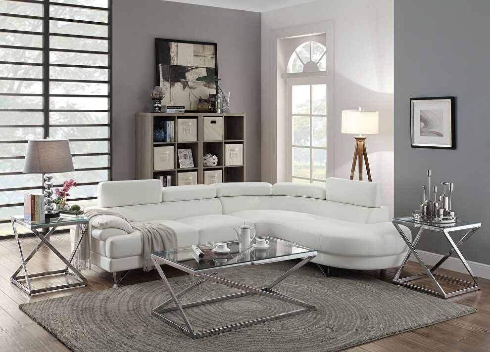 White faux leather sectional sofa 2pc set with flip up headrest by La Spezia