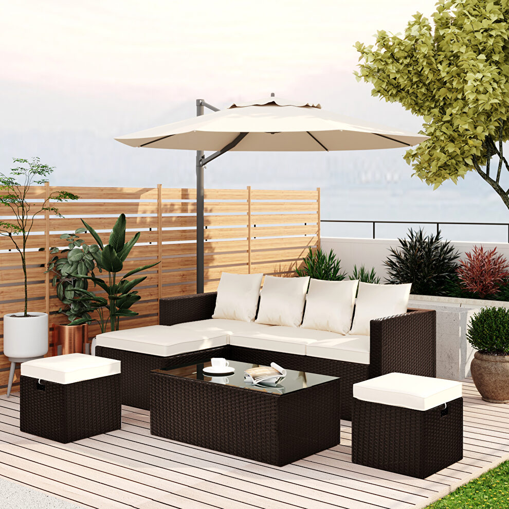 5-piece pe rattan wicker sectional lounger sofa set with glass table and adjustable chair by La Spezia
