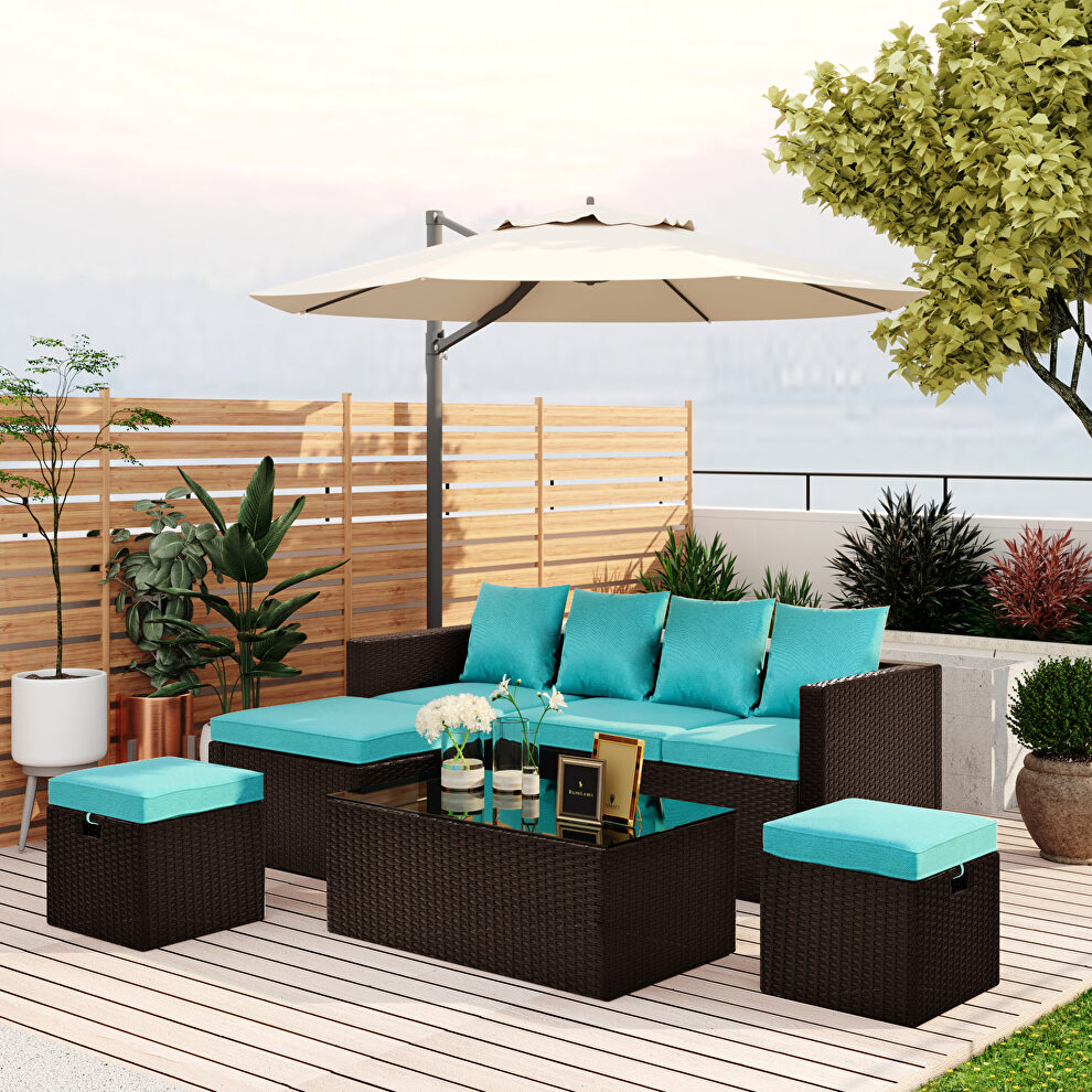 5-piece patio furniture pe rattan wicker sectional lounger sofa set with glass table and adjustable chair by La Spezia