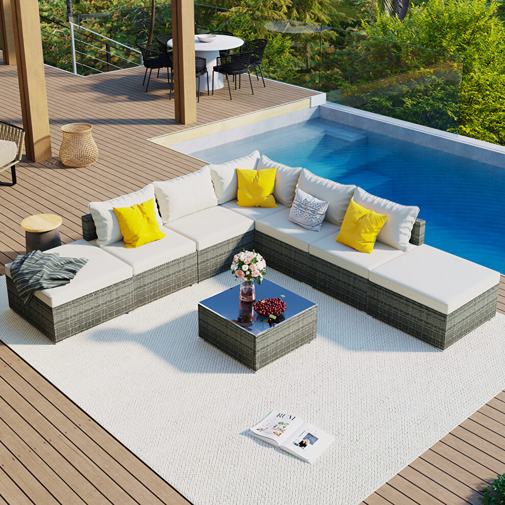 8-pieces outdoor patio furniture sets single sofa combinable beige cushions gray wicker by La Spezia