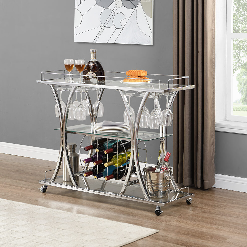 Chrome bar cart with wine rack silver modern glass metal frame wine storage by La Spezia