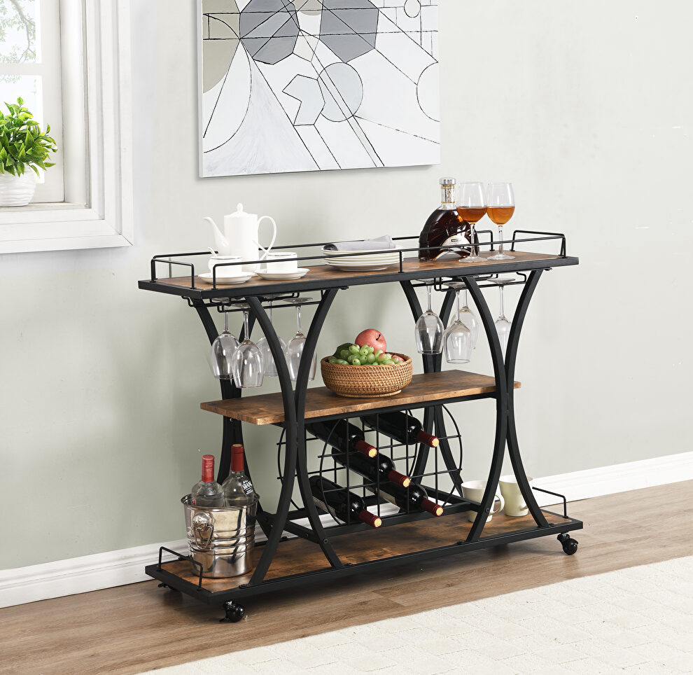 Black industrial bar cart with wheels and 3 tier storage shelves by La Spezia