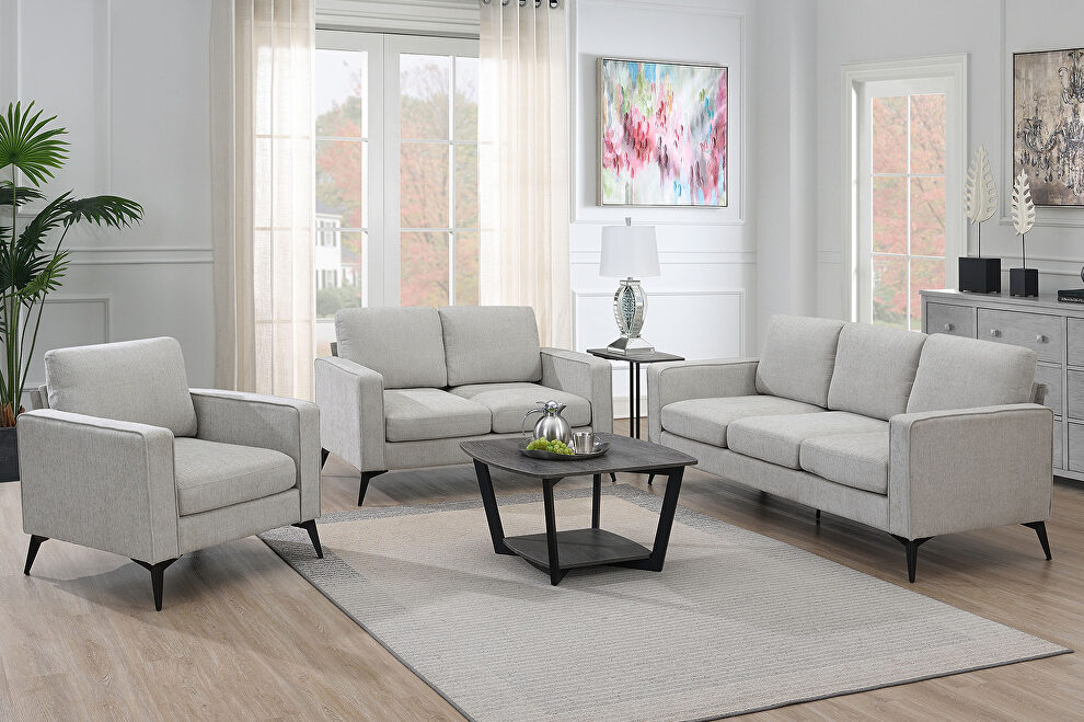Beige chenille upholstery 3-piece sofa sets with sturdy metal legs including 3-seat sofa, loveseat and single chair by La Spezia