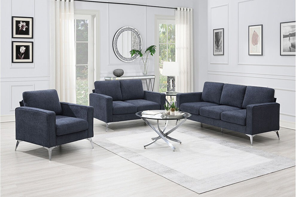 Blue/ gray chenille upholstery 3-piece sofa sets with sturdy metal legs including 3-seat sofa, loveseat and single chair by La Spezia