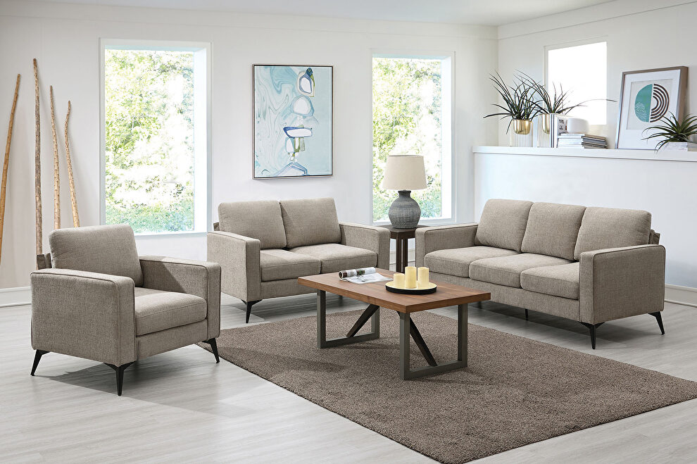 Camel chenille upholstery 3-piece sofa sets with sturdy metal legs including 3-seat sofa, loveseat and single chair by La Spezia