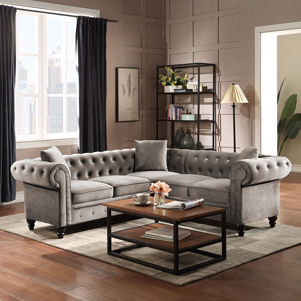 Deep button tufted gray velvet upholstered classic chesterfield l shaped sectional sofa by La Spezia