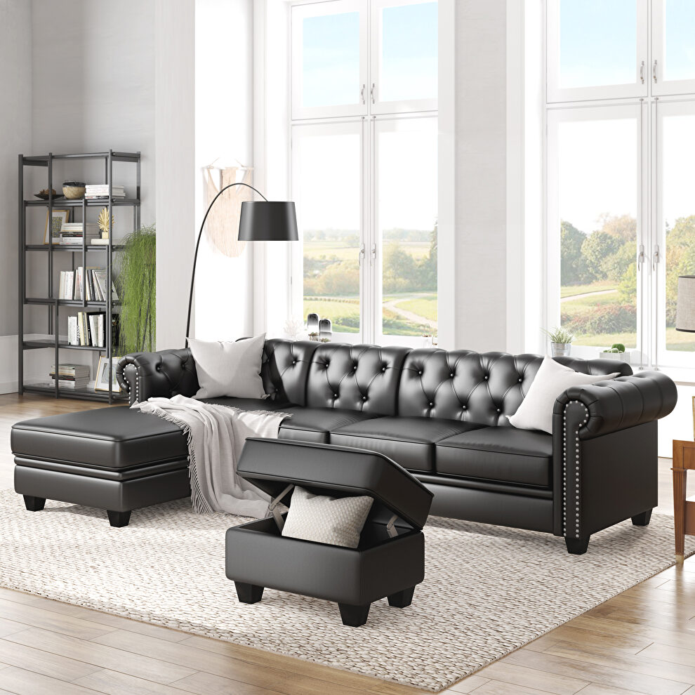 Black pu leather chesterfield sectional sofa set with storage ottoman by La Spezia