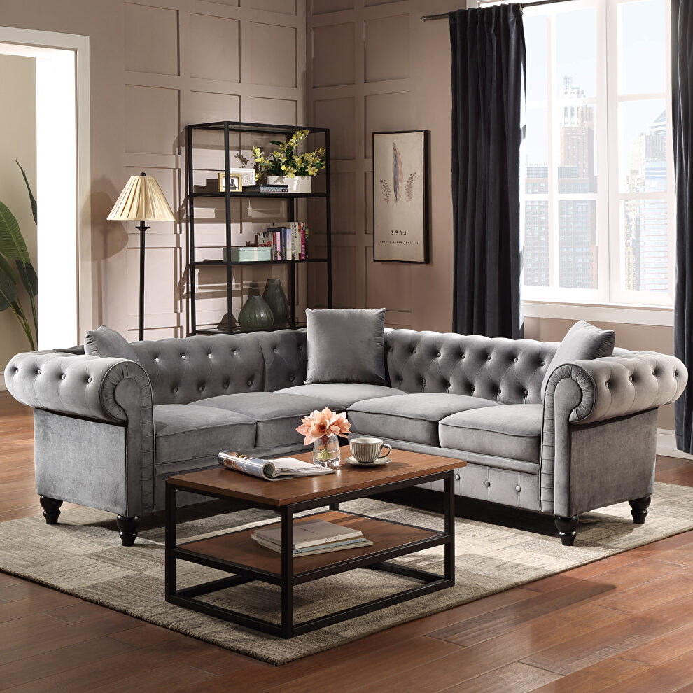 Dark gray tufted velvet upholstered rolled arm classic chesterfield sectional low back sofa by La Spezia
