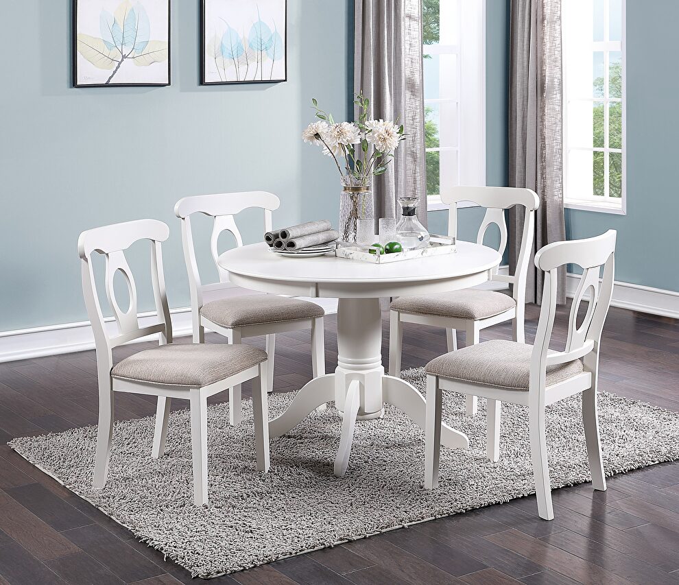 White finish classic design 5pc set round dining table and 4 side chairs with cushion fabric upholstery seat by La Spezia