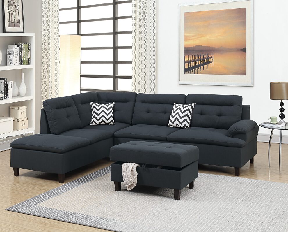 Black linen-like fabric cushion sectional w/ ottoman by La Spezia
