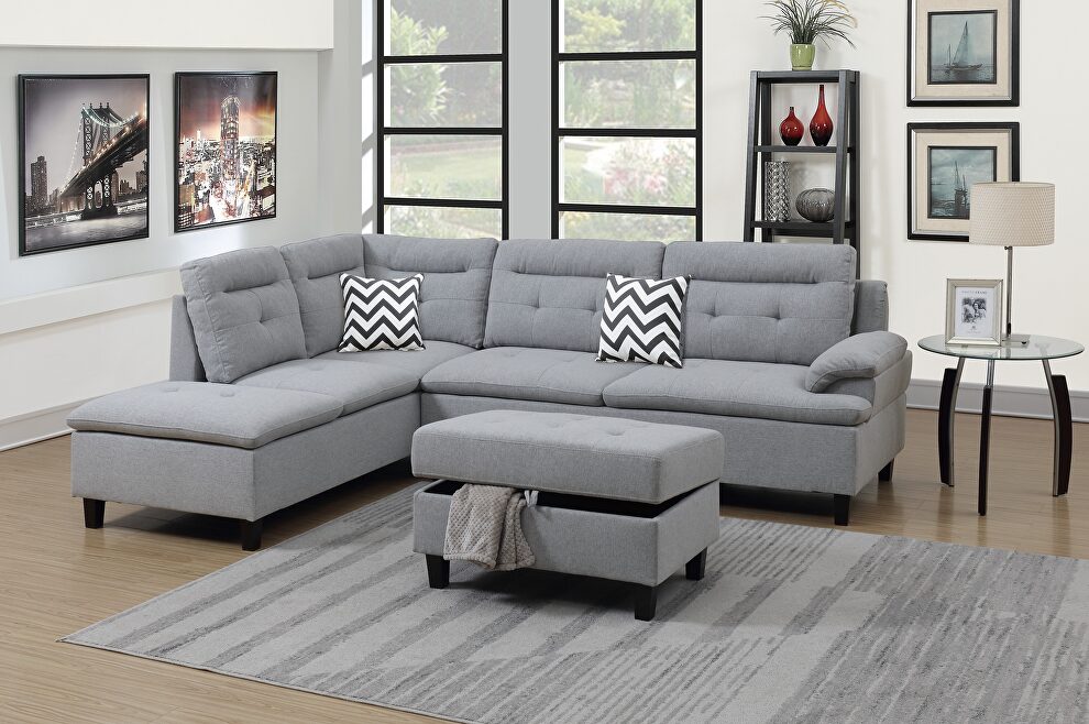 Gray linen-like fabric cushion sectional w/ ottoman by La Spezia