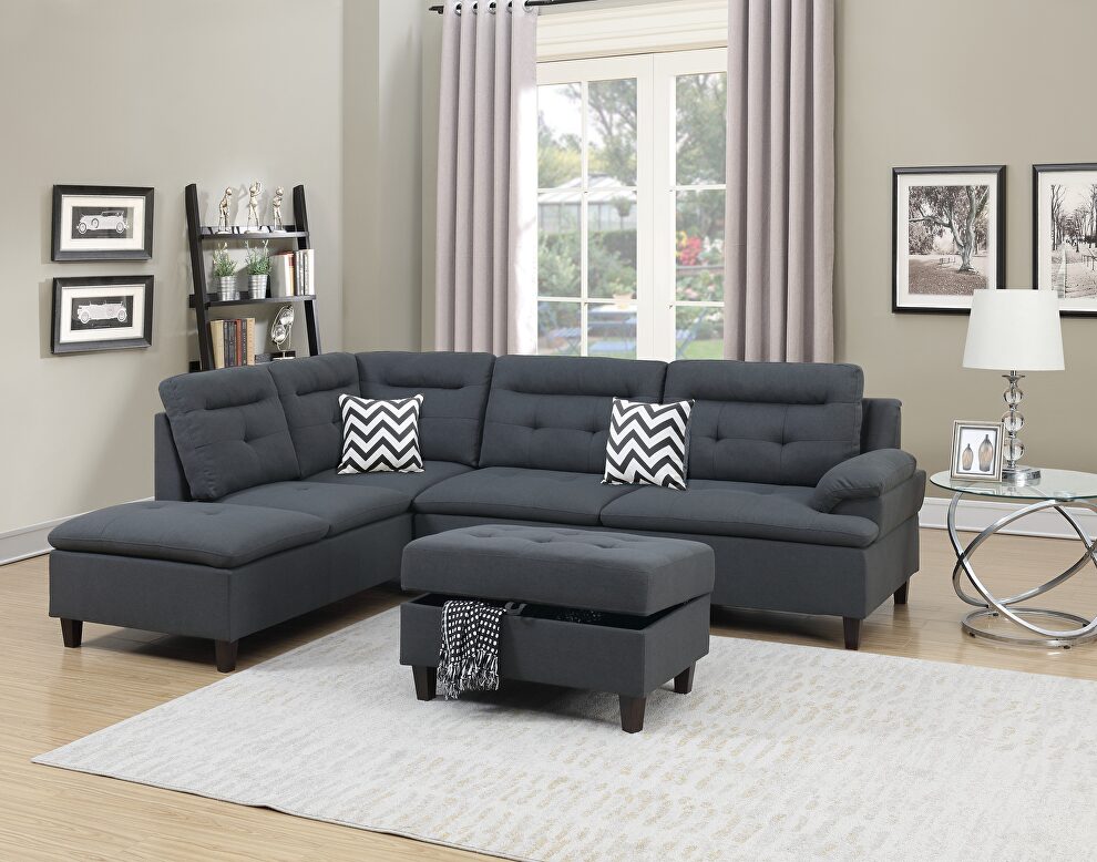 Charcoal gray linen-like fabric cushion sectional w/ ottoman by La Spezia
